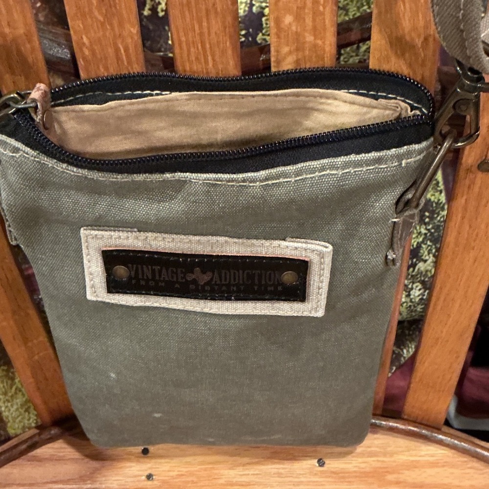 Vintage Addiction Olive Green Canvas Crossbody Utility Bag Small Pouch Messenger
